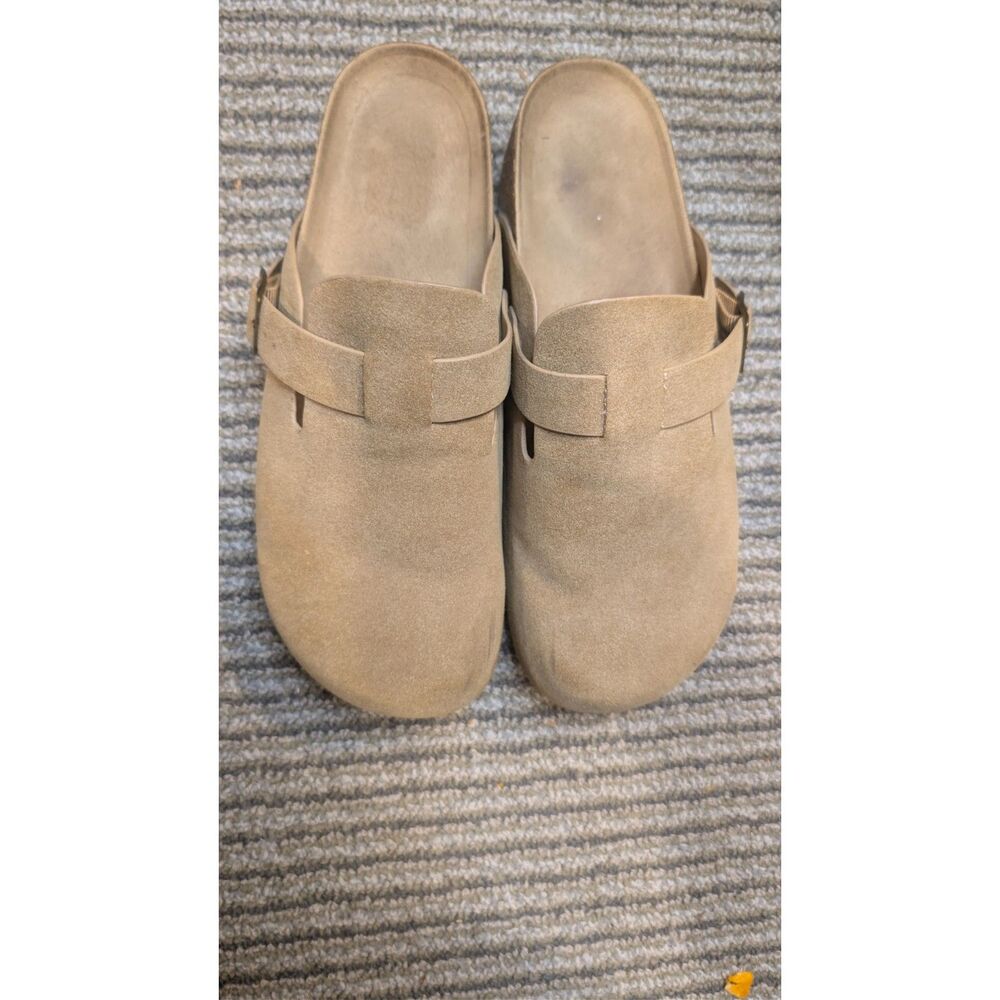 MIA Suede Clog Mules Tan Taupe Buckle Slip On Flat Shoes Size 8.5